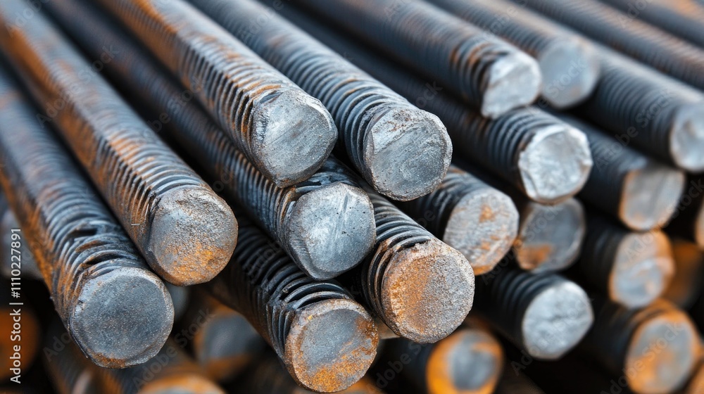 Poster close-up of steel rebar stacks for concrete reinforcement in construction industry displaying textur