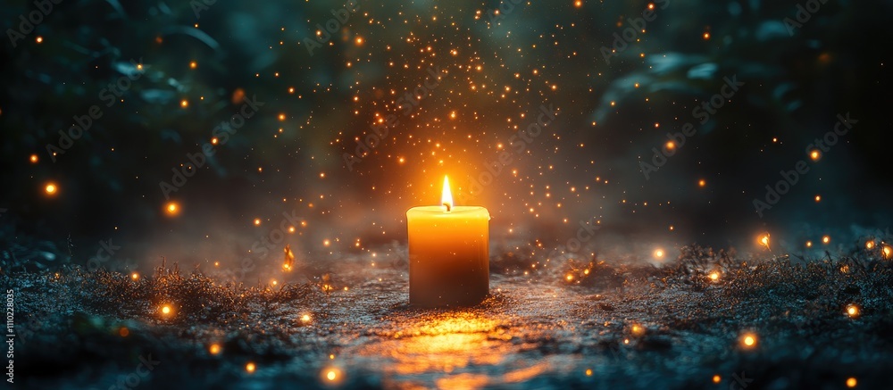 Poster candle glowing softly amidst small shimmering stars creating a magical nighttime atmosphere with a s