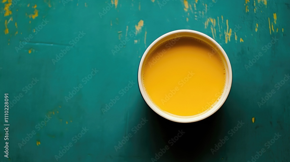 Poster vibrant fresh orange juice in a white container on a rustic teal background showcasing color and ref