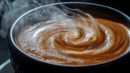 Artistic latte art in a ceramic cup, swirling steam,  cozy coffee shop atmosphere