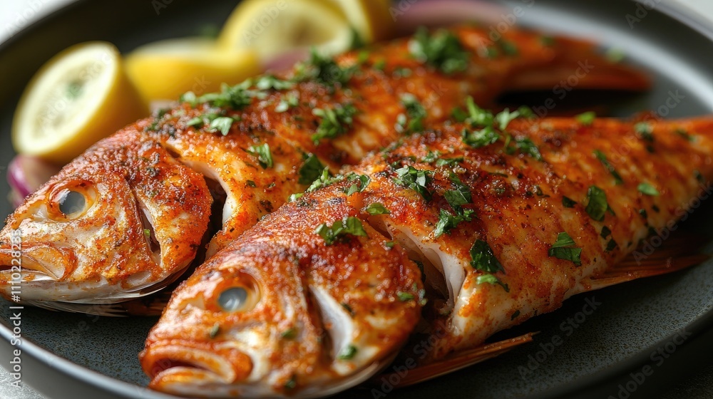Aufkleber grilled red fish garnished with herbs and served with lemon slices on a black plate against a clean 