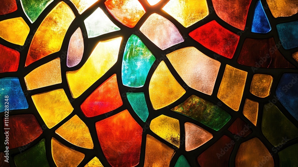 Poster colorful abstract stained glass texture with vibrant hues and intricate patterns creating a luminous