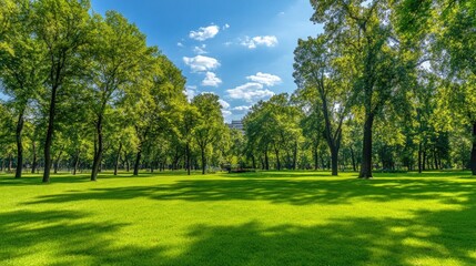 Fototapeta premium Professional lawn care service maintaining lush green parks using modern gasoline trimmers under the shade of mature trees on a sunny day.