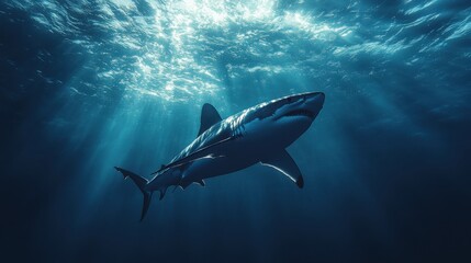 Fototapeta premium Majestic Great Shark Gliding Gracefully Through Turquoise Ocean Waters Under Sunlight, Capturing the Beauty and Mystery of Underwater Life