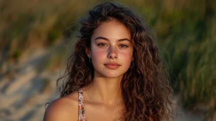 A woman with long hair is sitting on the beach