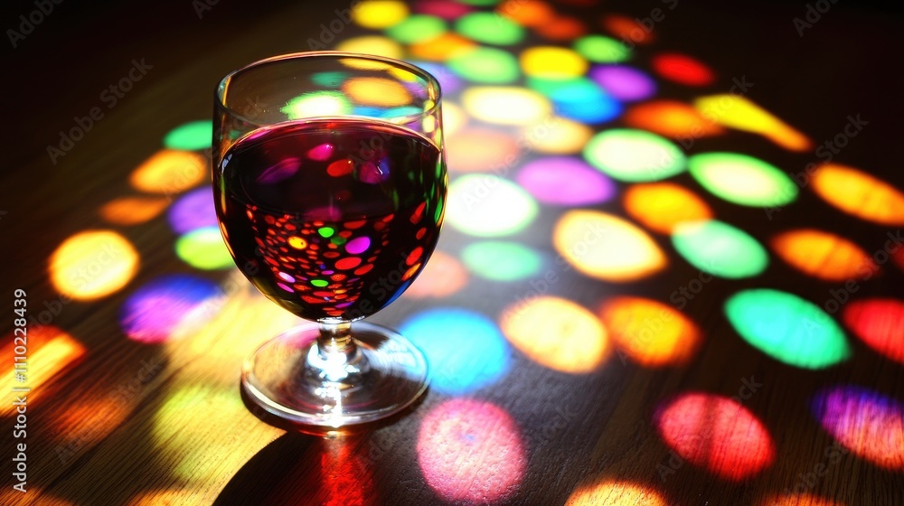 Poster colorful wine glass casting vibrant reflections on a wooden surface creating a festive atmosphere wi