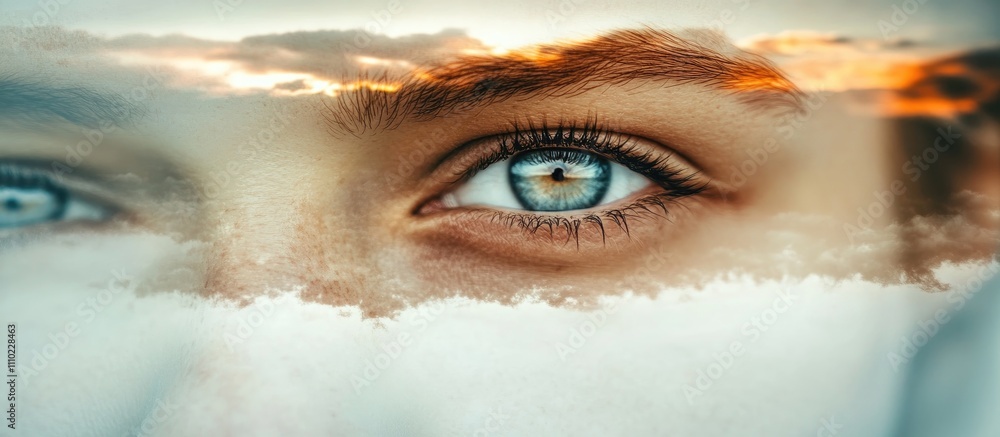 Poster collage of selective focus images featuring a close-up of a captivating eye with dramatic clouds and