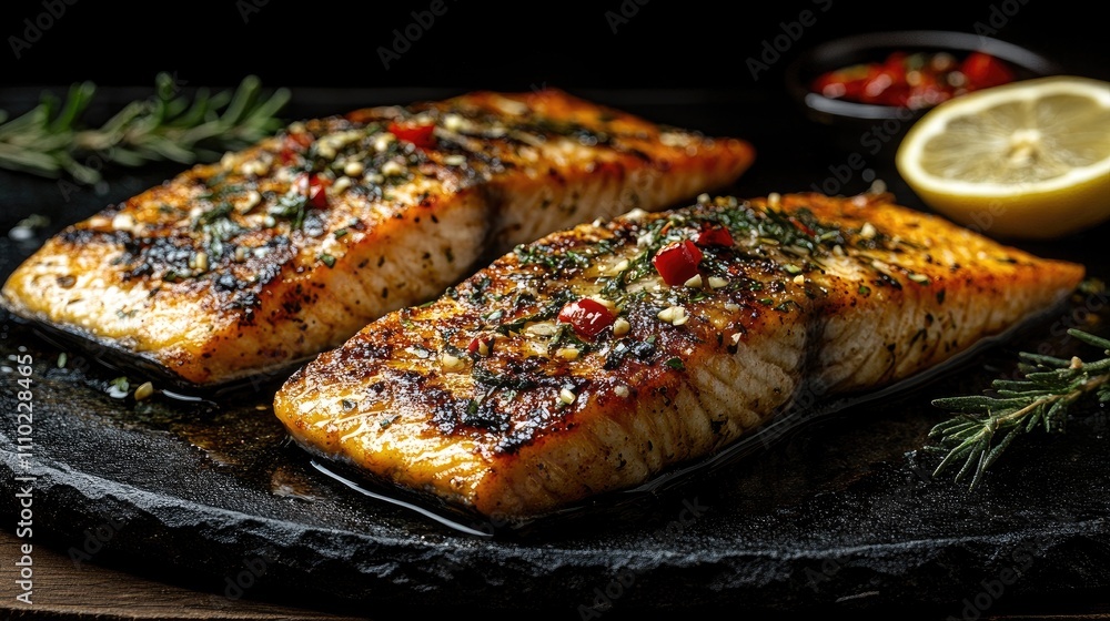 Poster grilled trout fillets garnished with herbs lemon slices served on a rustic platter with spicy sauce 