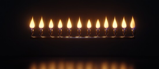 A silver menorah with nine shimmering candles illuminating a dark background in a warm and inviting atmosphere