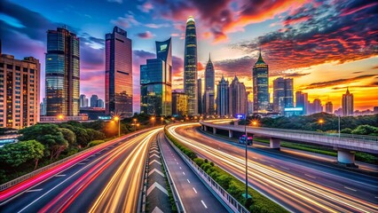 Fototapeta premium Captivating City Scenery: Skyline Views from a Road Platform Showcasing Dynamic Traffic Flow and Urban Life at Twilight with Illuminated Buildings and Lively Atmosphere