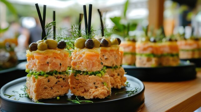 Elegant tiered canapes with tuna, olives, and herbs on a stylish catering table for upscale events and gatherings.