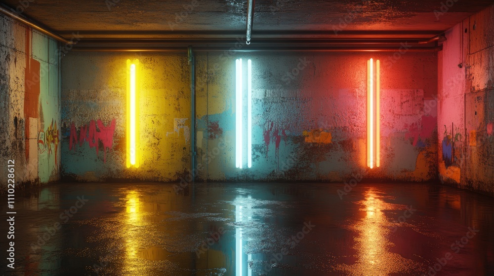 Aufkleber vibrant neon lights reflecting on wet concrete walls in an industrial setting showcasing a colorful 
