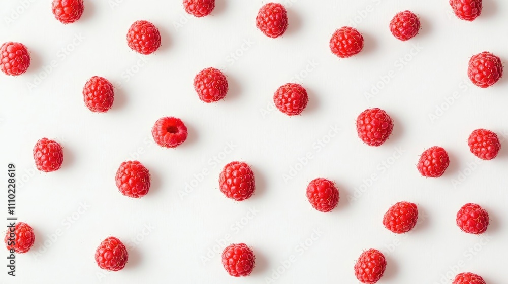 Poster Fresh raspberry berries scattered on a clean white background showcasing their vibrant color and natural texture for food and health themes