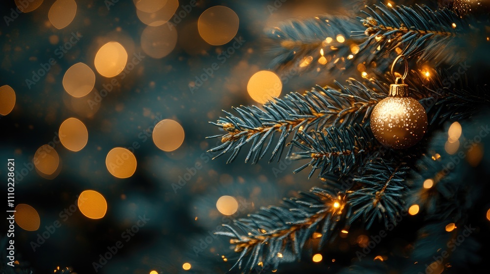 Poster elegant fir branches adorned with golden baubles and warm bokeh lights creating a festive christmas 