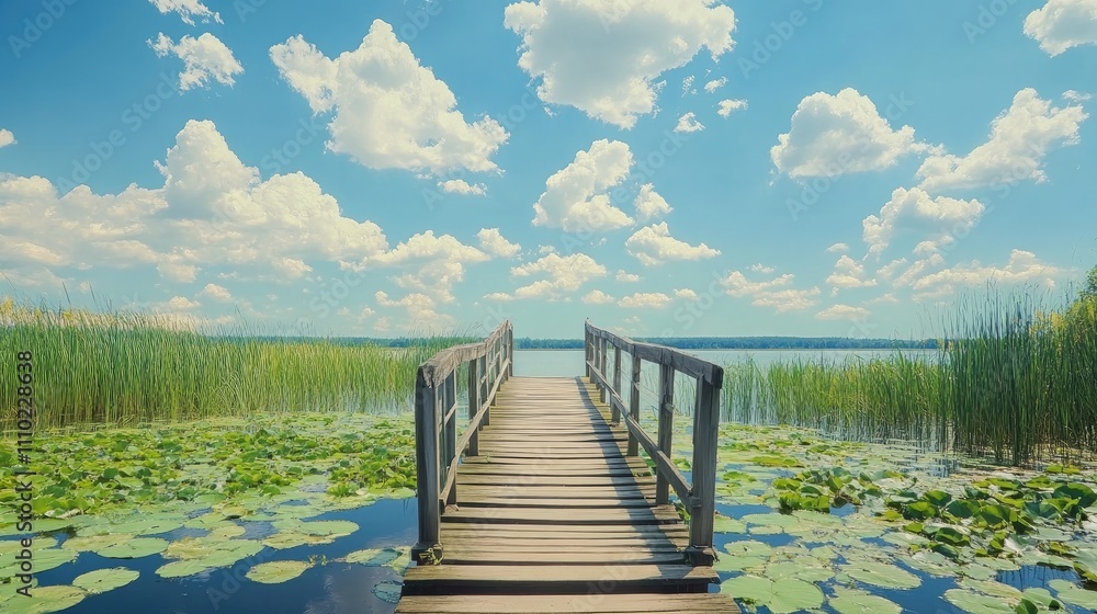 Aufkleber serene swamp lake under a bright sunny sky with fluffy clouds and lush greenery reflecting on the wa