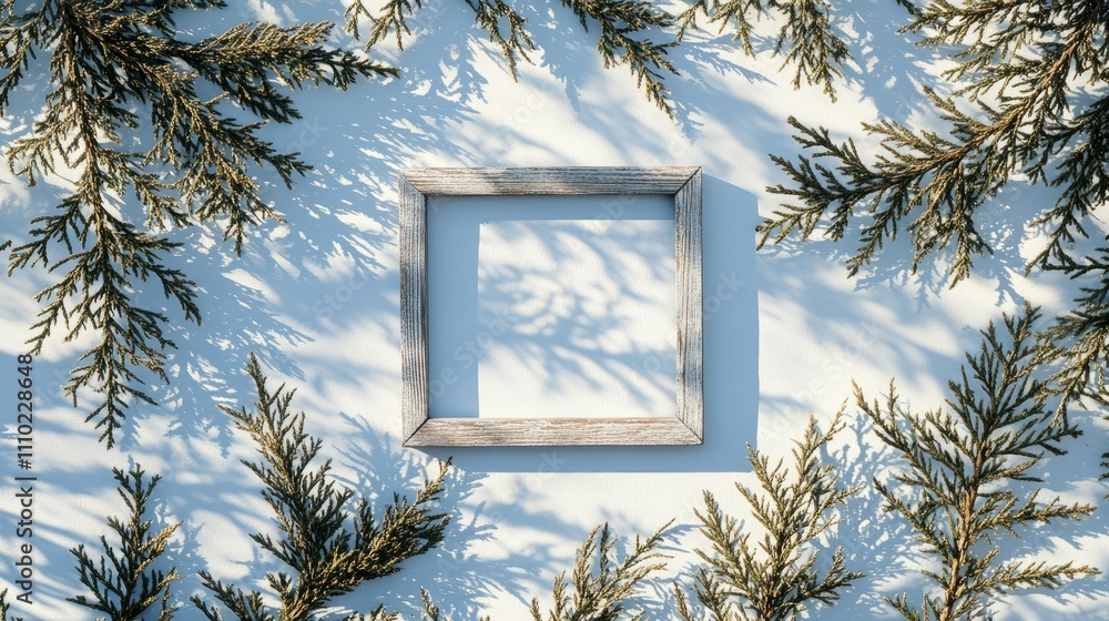 Aufkleber Rustic wooden frame on a light background surrounded by greenery ideal for showcasing artwork or personalized designs.