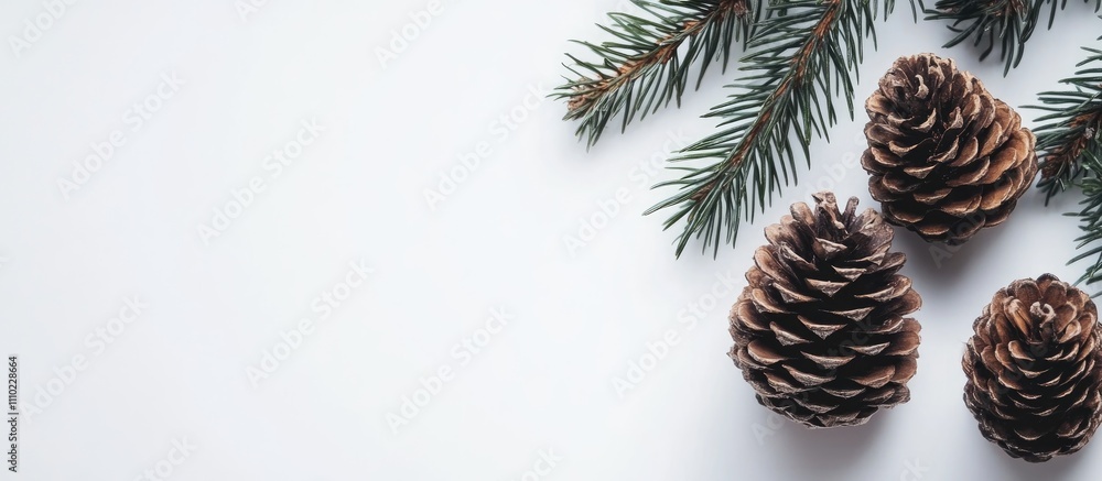 Poster pine cones and evergreen branches arranged on a clean white background for a seasonal or nature-them