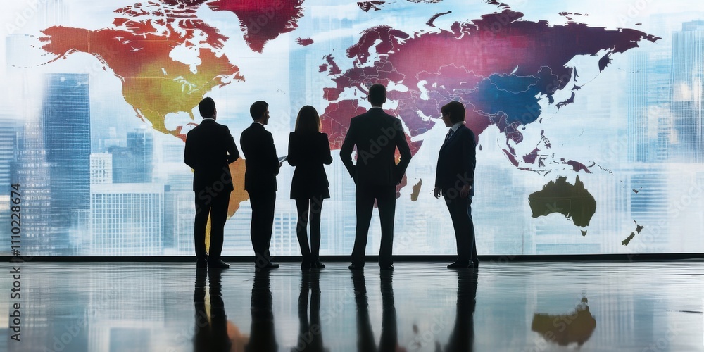 Poster global business strategy team viewing world map projection on large screen in modern office space