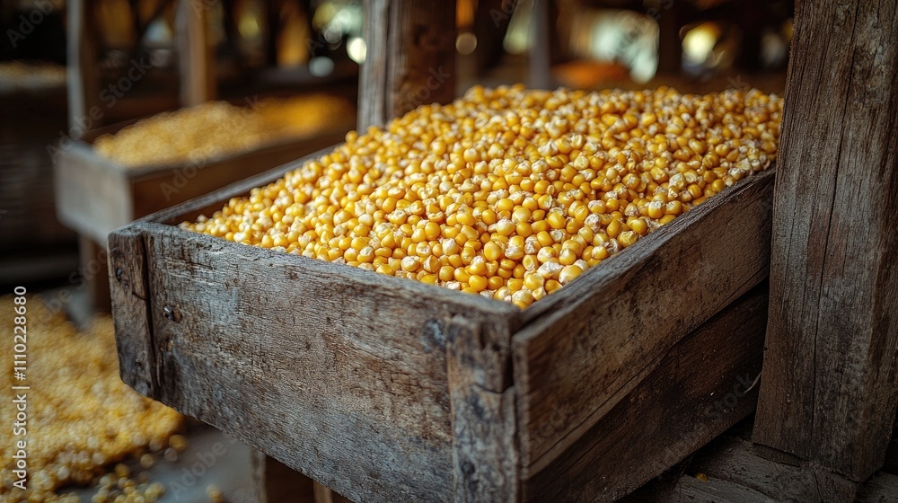 Poster Wooden container filled with corn kernels in a rustic storage setting showcasing agricultural practices and vintage farming techniques
