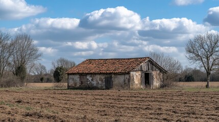 Obraz premium Rural Landscape Featuring a Weathered Barn Surrounded by Open Fields Under a Blue Sky with Fluffy Clouds