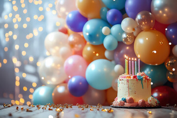 birthday party balloons, colourful balloons background and with candles and birthday cake