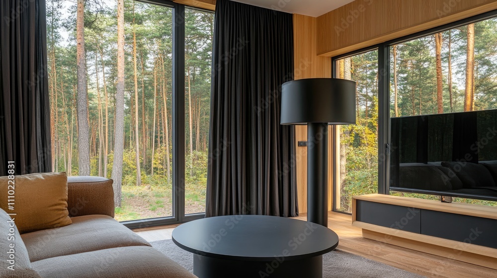 Poster modern interior design featuring a stylish black round lamp in a serene setting with large windows a