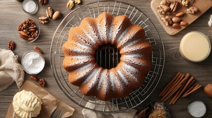 A freshly baked bundt cake still in the pan, cooling on a wire rack, with baking ingredients scattered nearby