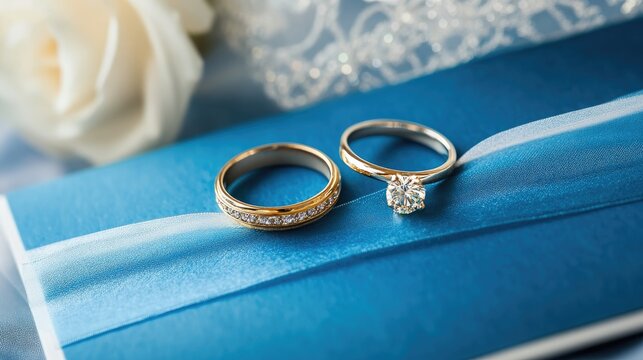 Engagement rings displayed elegantly on a wedding invitation showcasing romance and the promise of love and commitment