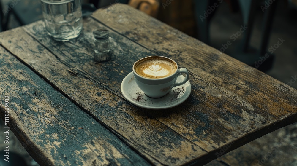 Aufkleber coffee cup on rustic wooden desk creating a cozy morning workspace atmosphere with vintage charm and