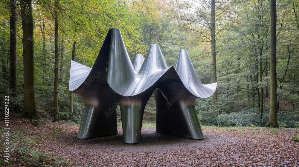 Poster modern artistic steel structure in a serene forest setting showcasing innovative design and environm