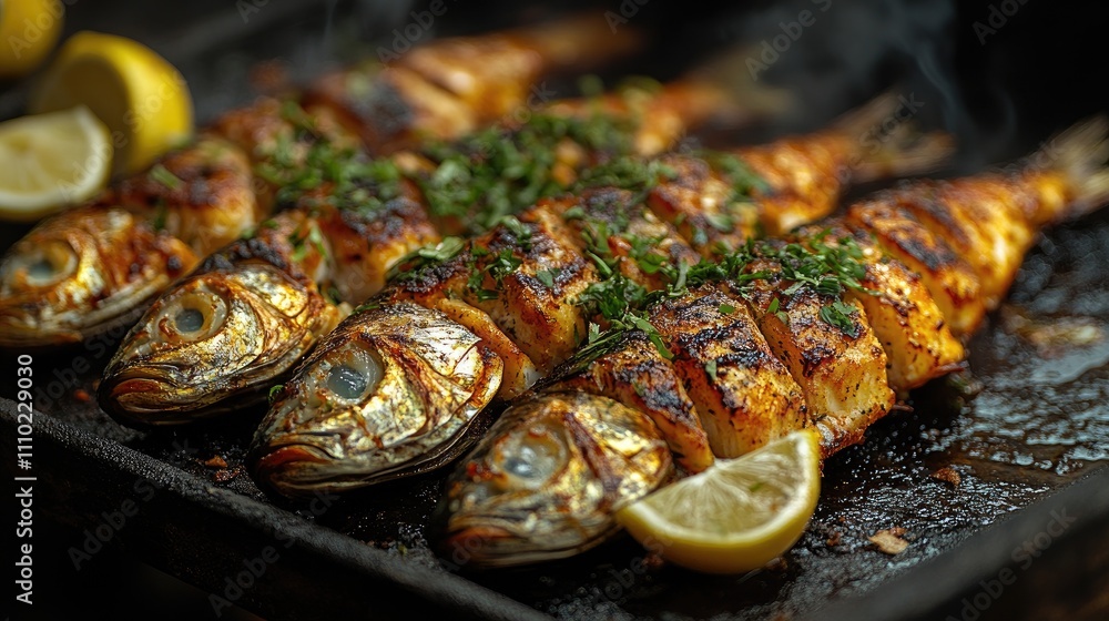 Aufkleber grilled fish fillets seasoned with herbs and lemon slices served on a rustic platter