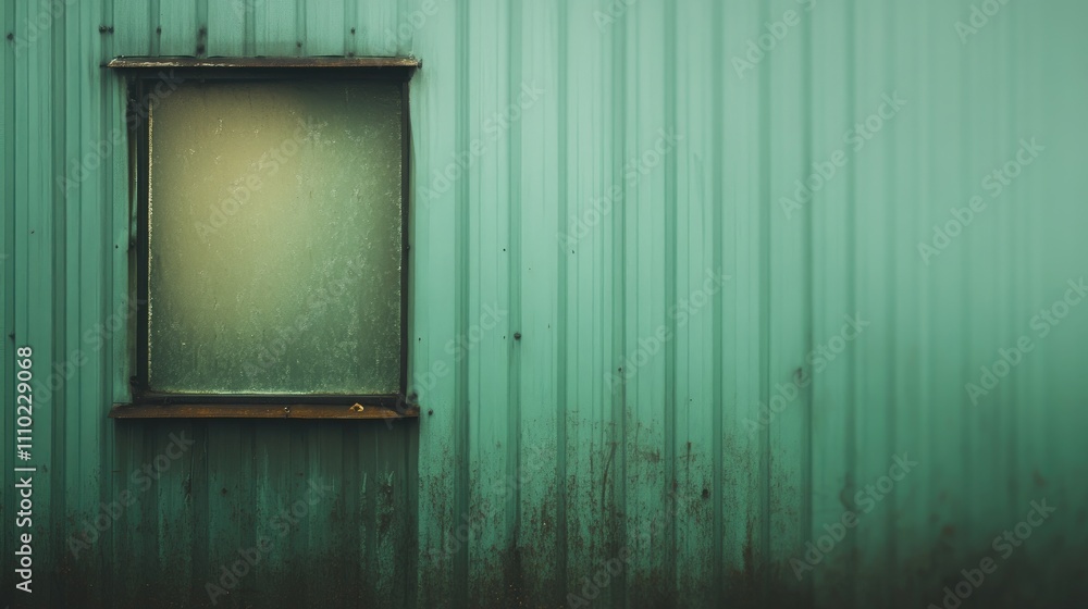 Aufkleber blurred close-up of a weathered metal building wall with a solitary window and green corrugated text