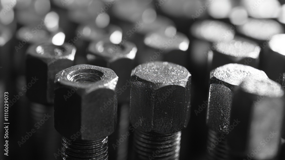 Poster closeup view of hexagon head screws in black and white highlighting texture and detail of metallic b