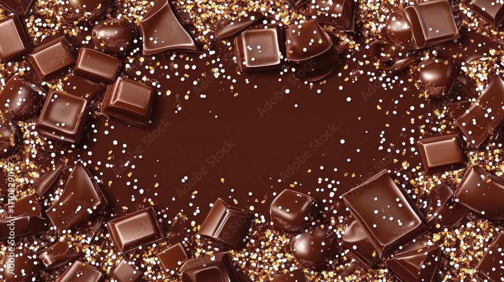 Poster chocolate pieces and sprinkles on a dark backdrop creating a rich and indulgent frame perfect for de