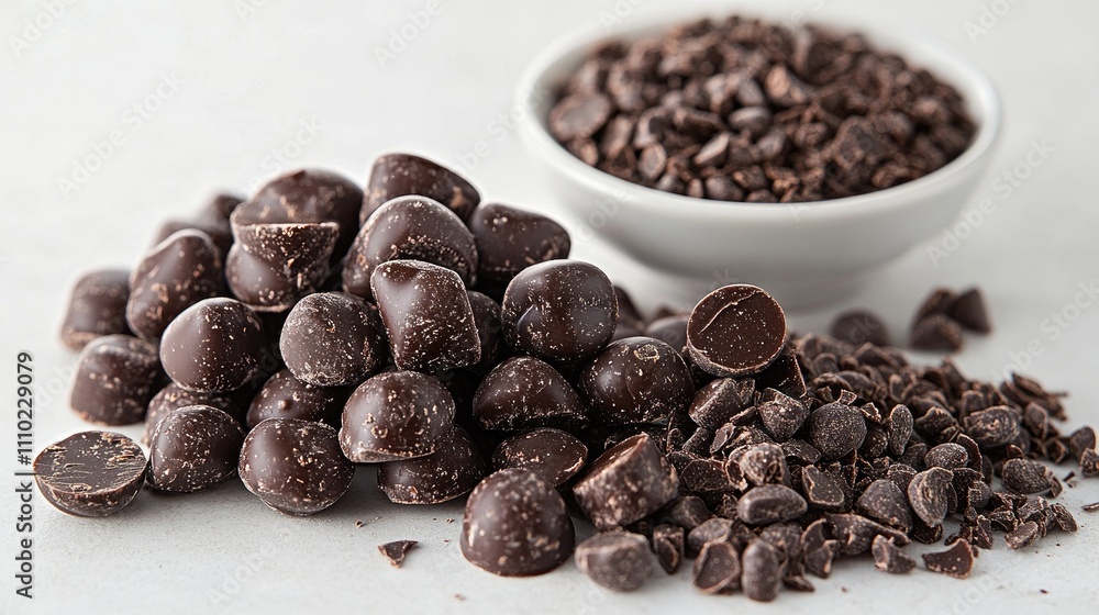 Poster rich dark chocolate morsels and chips arranged artfully with a bowl of chocolate shavings on a light