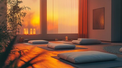 An image of a corporate wellness room designed for relaxation, with yoga mats, cushions, and a peaceful atmosphere without people