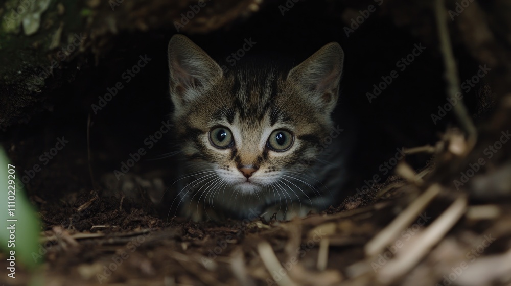 Poster curious kitten resting under a tree exploring its surroundings with wide eyes in a natural habitat s