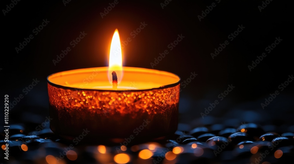 Poster burning matchstick held above a lit candle surrounded by dark pebbles creating a serene atmosphere o