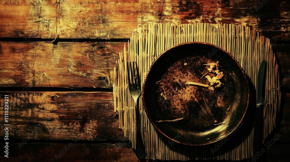 Poster elegant table setting featuring a rustic plate, fork, and knife on a wooden mat against a textured w