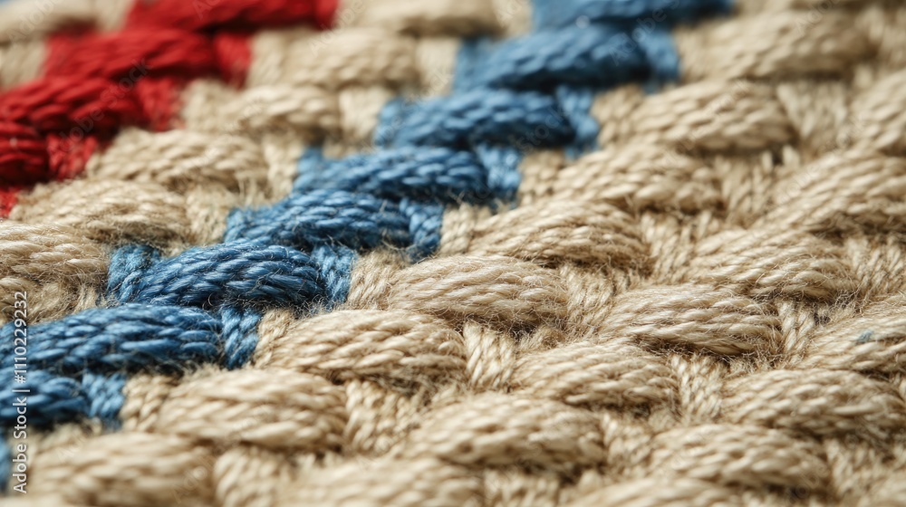 Poster colorful woven jute carpet showcasing intricate patterns and textures on a plain white background