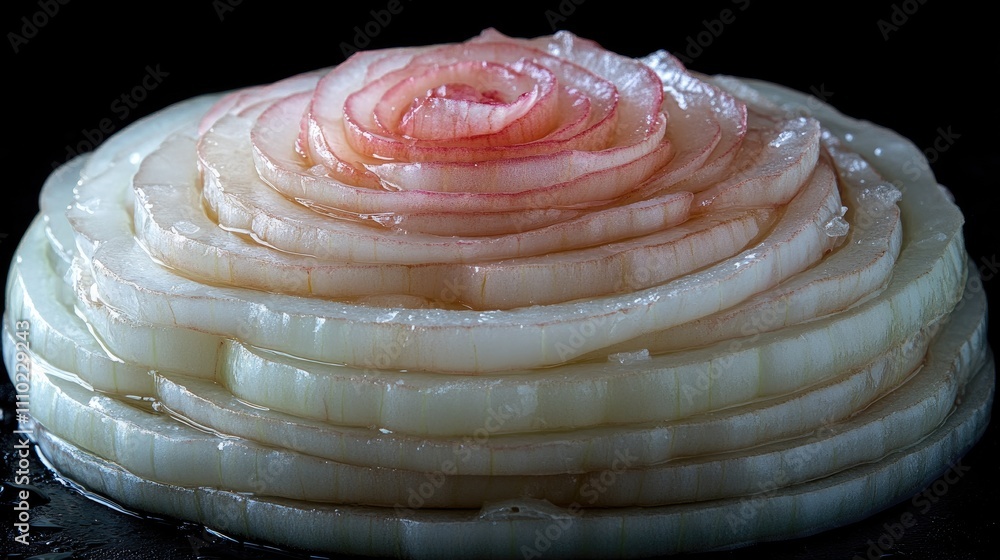 Aufkleber Layered slices of onion arranged in a circular pattern with a close-up view highlighting texture and colors on a dark background.
