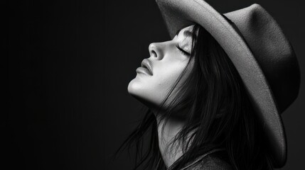 Portrait of beautiful girl in hat in profile, posing in studio, black and white photography