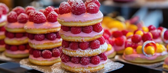 wedding dessert display featuring layered raspberry cakes with decorative rings and sweets ideal for bridal celebrations