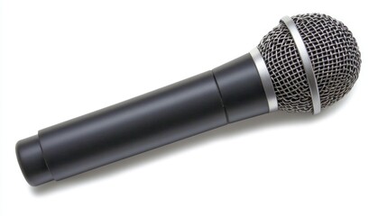 Classic black microphone on a clean white background showcasing professional audio equipment for music and performance applications.