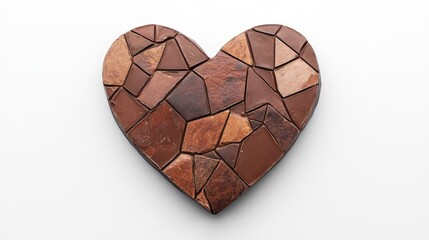 Heart-shaped chocolate mosaic on a clean white background showcasing various shades and textures of chocolate pieces.