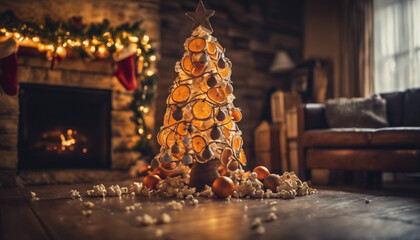 A Christmas tree decorated with wooden ornaments, dried orange slices, and strings of popcorn garlands, set in a rustic living room.