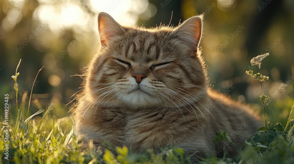 Poster fluffy cat enjoying a peaceful moment while resting on lush green grass in a serene natural setting