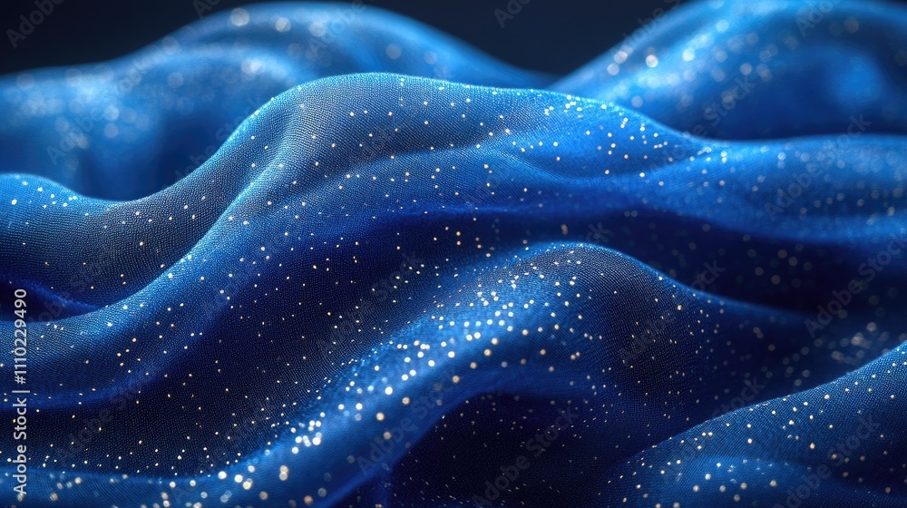 Poster Shimmering blue fabric waves with sparkling highlights creating an elegant and captivating texture design for backgrounds or textiles