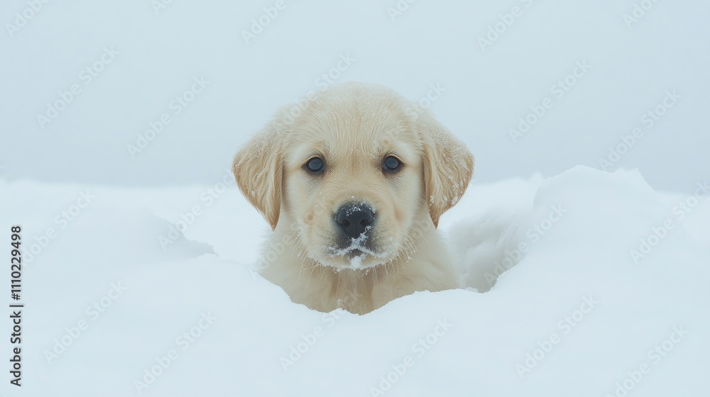 Aufkleber Golden retriever puppy sitting in snow with a soft white backdrop creating a serene winter atmosphere and showcasing its fluffy features.