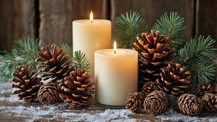 Rustic winter Decor with candles and pine cones, High Resolution 